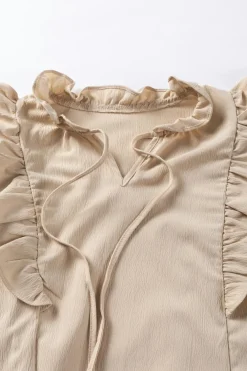 Hot Dear-Lover Ruffled Lace up Bubble Sleeve Blouse Khaki