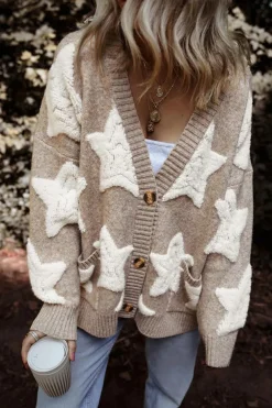 New Dear-Lover Sherpa Star Pattern Textured Sweater Cardigan with Pockets Khaki