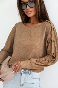 Best Dear-Lover Solid Color Button Decor Dolman Sleeve Top Khaki