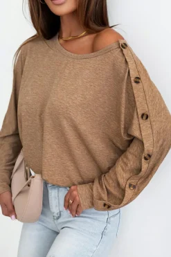 Best Dear-Lover Solid Color Button Decor Dolman Sleeve Top Khaki