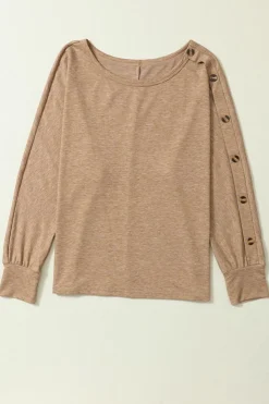 Best Dear-Lover Solid Color Button Decor Dolman Sleeve Top Khaki