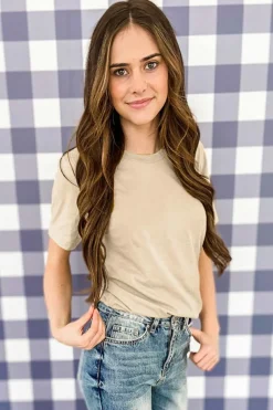 Outlet Dear-Lover Solid Color Crew Neck Tee Khaki