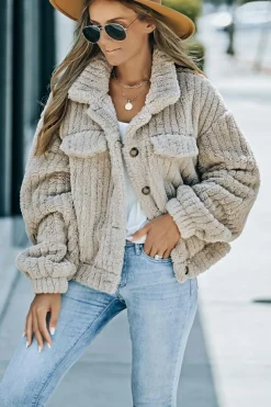 Clearance Dear-Lover Solid Color Plush Fleece Button up Jacket Khaki