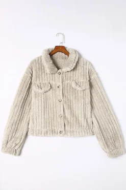 Clearance Dear-Lover Solid Color Plush Fleece Button up Jacket Khaki
