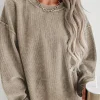 Hot Dear-Lover Solid Ribbed Knit Round Neck Pullover Sweatshirt Khaki