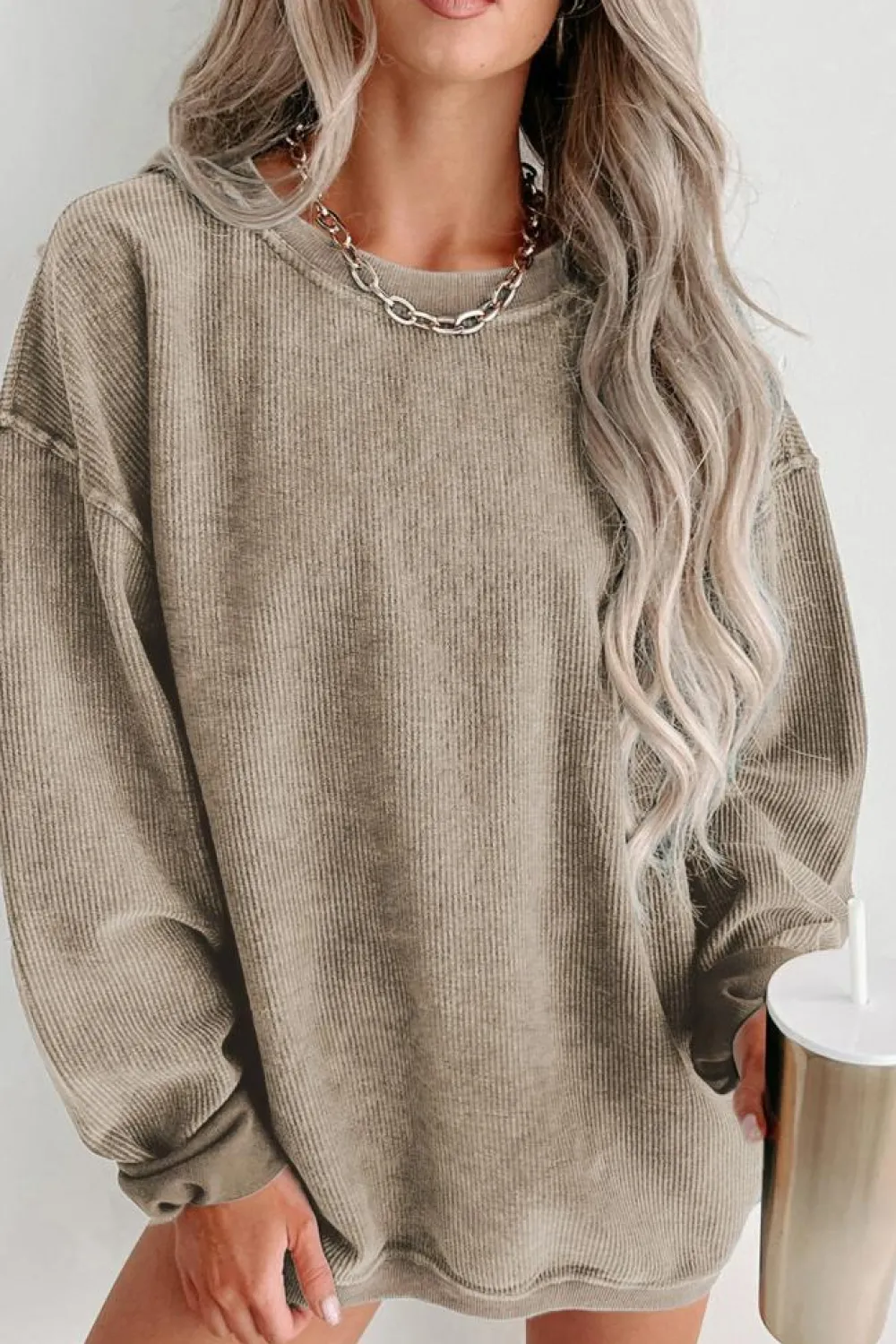 Hot Dear-Lover Solid Ribbed Knit Round Neck Pullover Sweatshirt Khaki