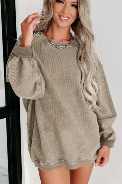 Hot Dear-Lover Solid Ribbed Knit Round Neck Pullover Sweatshirt Khaki