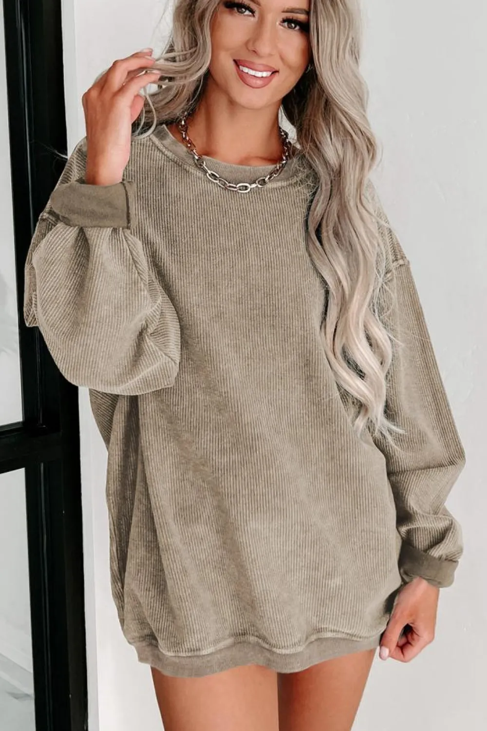 Hot Dear-Lover Solid Ribbed Knit Round Neck Pullover Sweatshirt Khaki