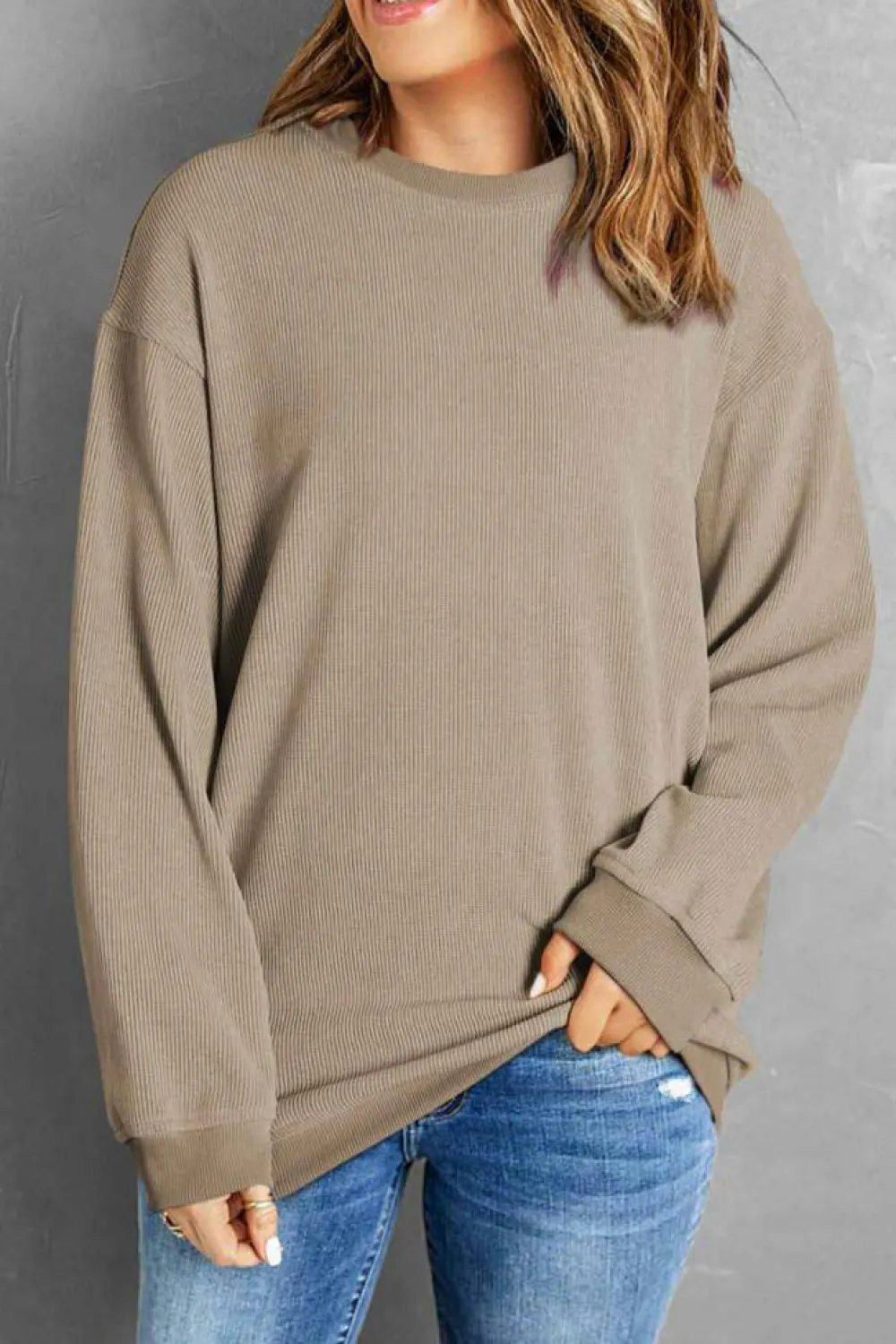Hot Dear-Lover Solid Ribbed Knit Round Neck Pullover Sweatshirt Khaki