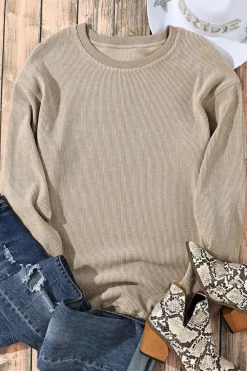 Hot Dear-Lover Solid Ribbed Knit Round Neck Pullover Sweatshirt Khaki