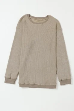Hot Dear-Lover Solid Ribbed Knit Round Neck Pullover Sweatshirt Khaki