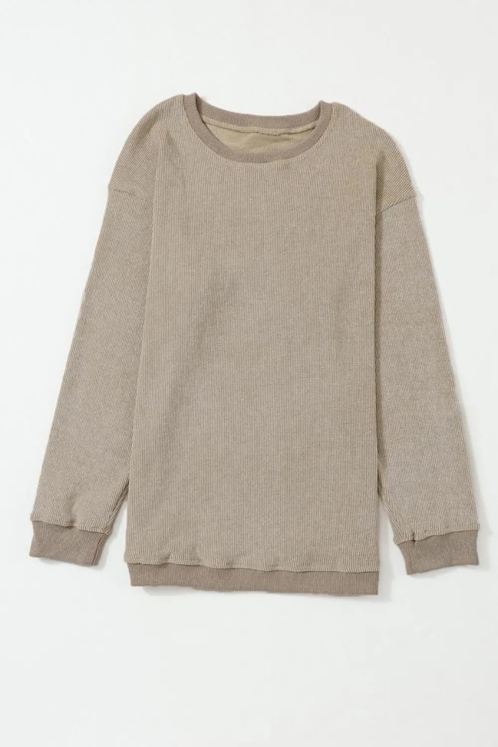 Hot Dear-Lover Solid Ribbed Knit Round Neck Pullover Sweatshirt Khaki