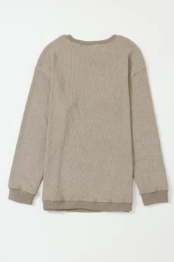 Hot Dear-Lover Solid Ribbed Knit Round Neck Pullover Sweatshirt Khaki