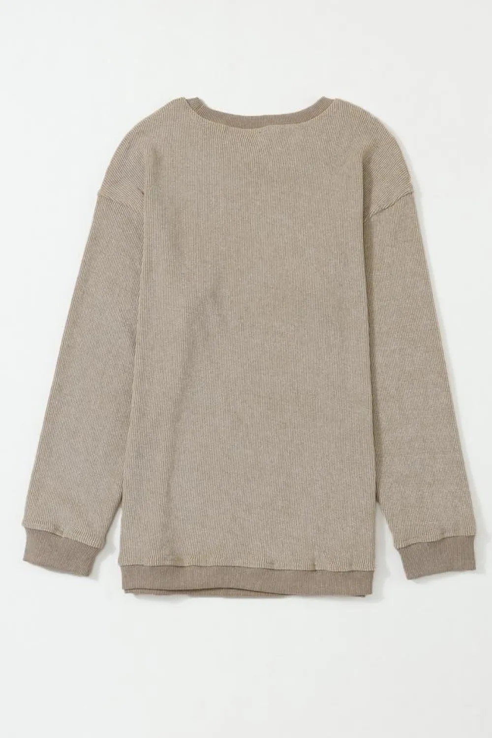 Hot Dear-Lover Solid Ribbed Knit Round Neck Pullover Sweatshirt Khaki