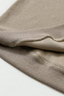 Hot Dear-Lover Solid Ribbed Knit Round Neck Pullover Sweatshirt Khaki