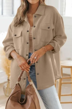 Outlet Dear-Lover Solid Textured Flap Pocket Buttoned Shacket Khaki