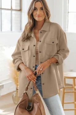 Outlet Dear-Lover Solid Textured Flap Pocket Buttoned Shacket Khaki