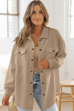 Outlet Dear-Lover Solid Textured Flap Pocket Buttoned Shacket Khaki