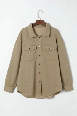 Outlet Dear-Lover Solid Textured Flap Pocket Buttoned Shacket Khaki