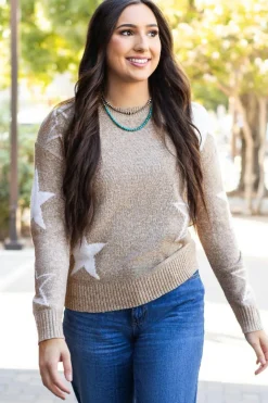New Dear-Lover Star Pattern Drop Shoulder Sweater Khaki
