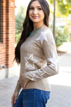 New Dear-Lover Star Pattern Drop Shoulder Sweater Khaki