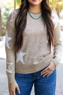 New Dear-Lover Star Pattern Drop Shoulder Sweater Khaki