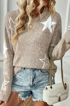 New Dear-Lover Star Pattern Drop Shoulder Sweater Khaki