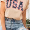 Online Dear-Lover Starry USA Lettering Independent Day T-shirt Khaki