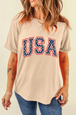 Online Dear-Lover Starry USA Lettering Independent Day T-shirt Khaki