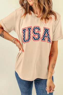 Online Dear-Lover Starry USA Lettering Independent Day T-shirt Khaki