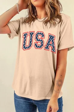 Online Dear-Lover Starry USA Lettering Independent Day T-shirt Khaki