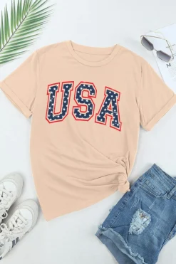 Online Dear-Lover Starry USA Lettering Independent Day T-shirt Khaki