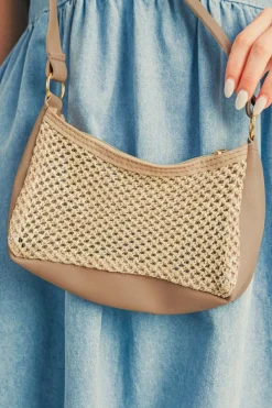 New Dear-Lover Straw Woven PU Leather Patchwork Shoulder Bag Khaki