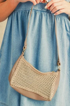 New Dear-Lover Straw Woven PU Leather Patchwork Shoulder Bag Khaki