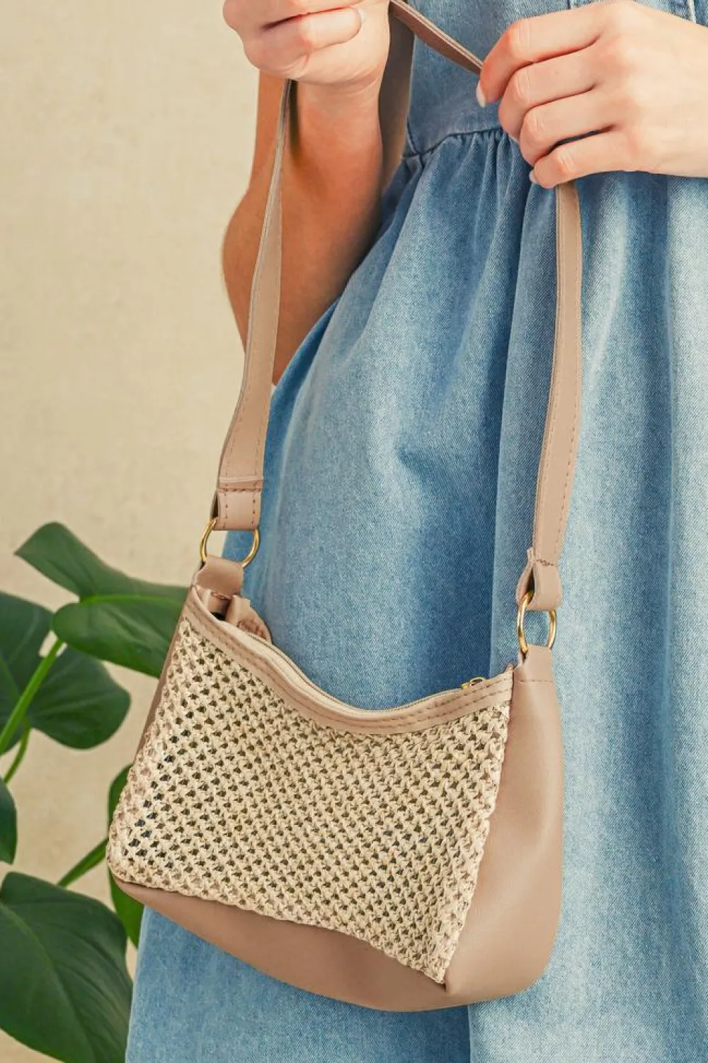New Dear-Lover Straw Woven PU Leather Patchwork Shoulder Bag Khaki