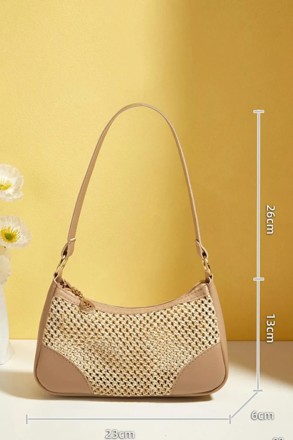 New Dear-Lover Straw Woven PU Leather Patchwork Shoulder Bag Khaki