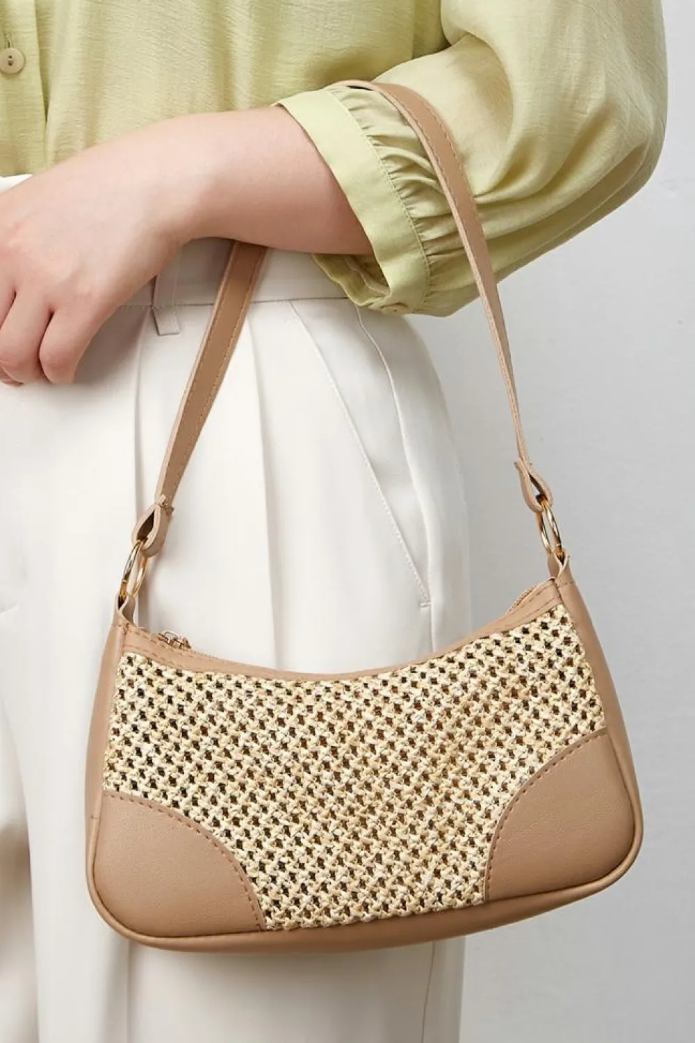 New Dear-Lover Straw Woven PU Leather Patchwork Shoulder Bag Khaki