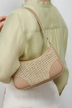 New Dear-Lover Straw Woven PU Leather Patchwork Shoulder Bag Khaki