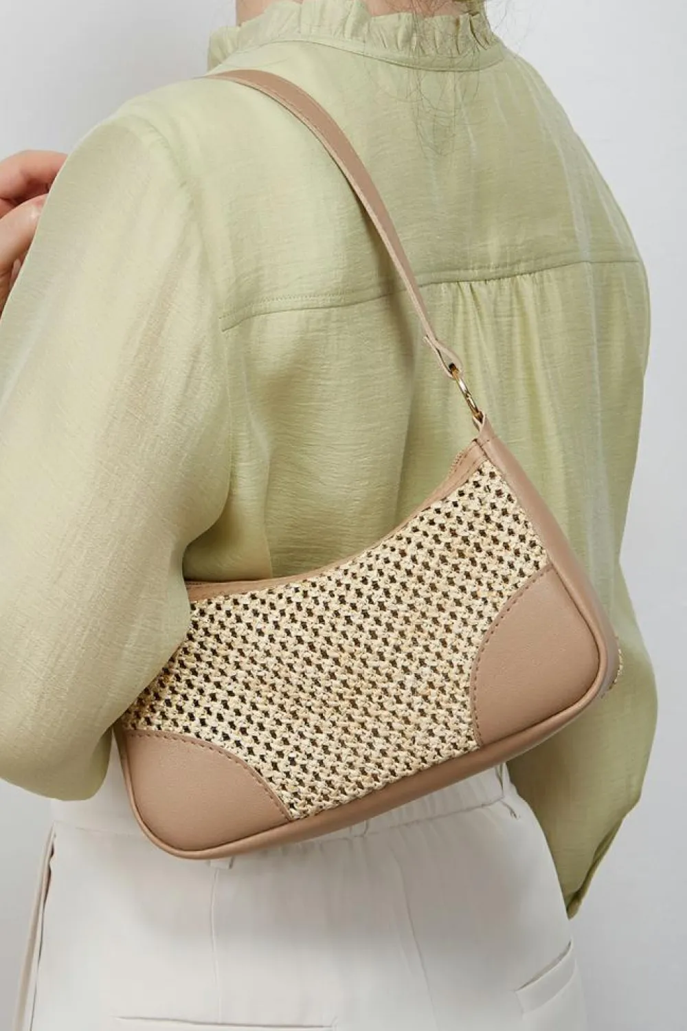 New Dear-Lover Straw Woven PU Leather Patchwork Shoulder Bag Khaki