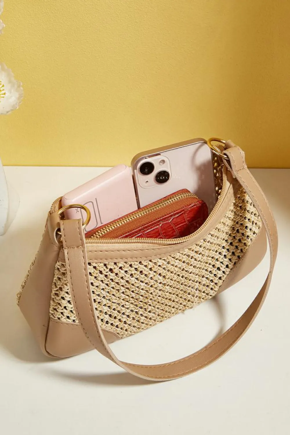 New Dear-Lover Straw Woven PU Leather Patchwork Shoulder Bag Khaki