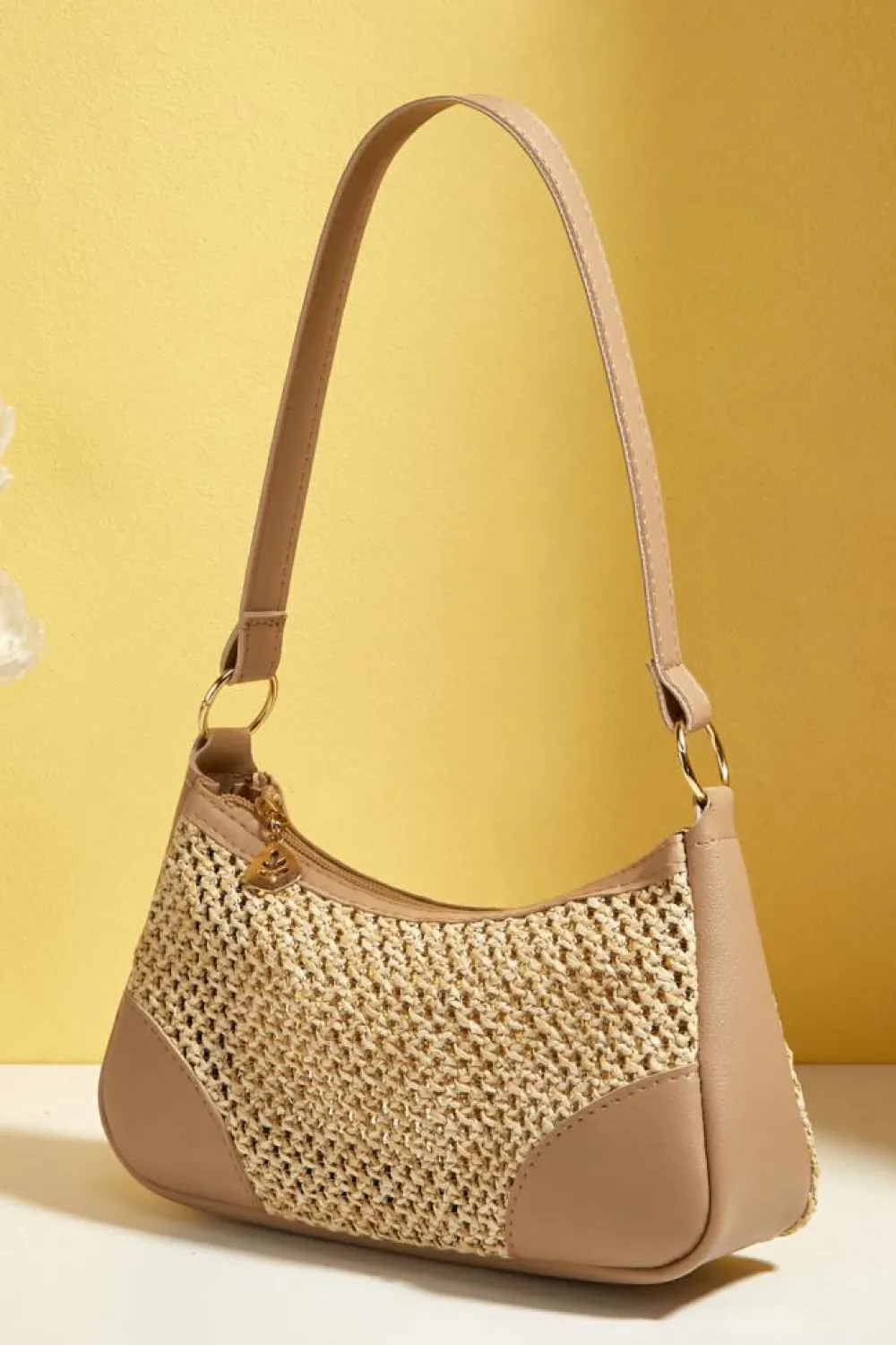 New Dear-Lover Straw Woven PU Leather Patchwork Shoulder Bag Khaki