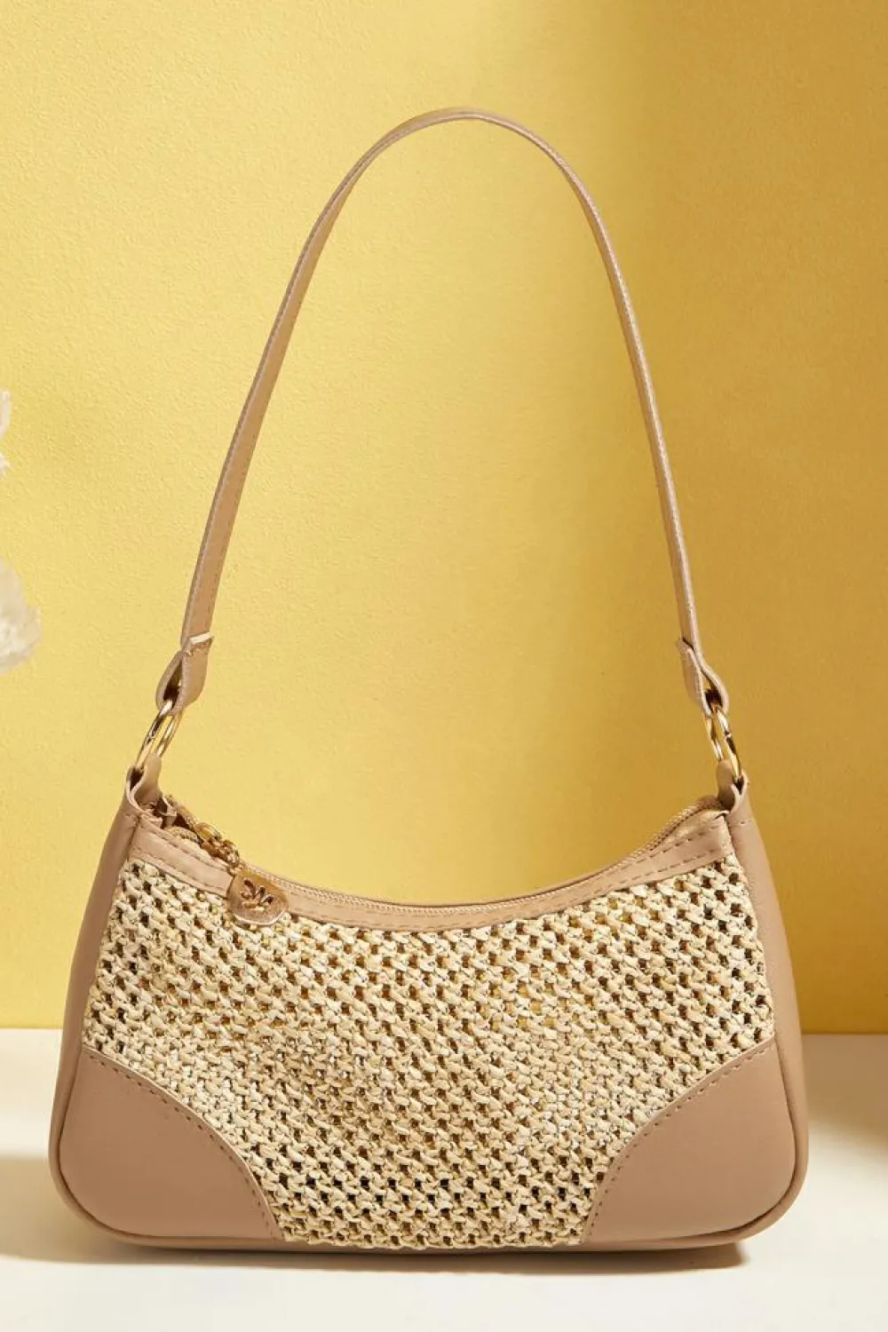New Dear-Lover Straw Woven PU Leather Patchwork Shoulder Bag Khaki