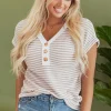 Fashion Dear-Lover Buttoned Front V Neck Knitted T Shirt Khaki Stripe