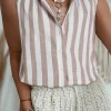 Hot Dear-Lover Casual Button Down Sleeveless Shirt Khaki Stripe