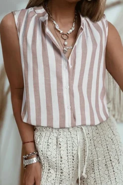 Hot Dear-Lover Casual Button Down Sleeveless Shirt Khaki Stripe
