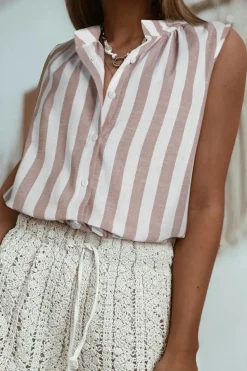 Hot Dear-Lover Casual Button Down Sleeveless Shirt Khaki Stripe