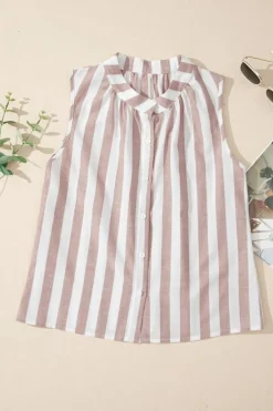 Hot Dear-Lover Casual Button Down Sleeveless Shirt Khaki Stripe