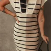 Fashion Dear-Lover Color Block Quarter Zip Collar Short Sleeve Sweater Dress Khaki Stripe