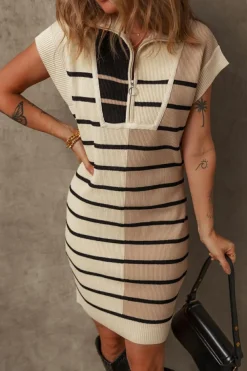Fashion Dear-Lover Color Block Quarter Zip Collar Short Sleeve Sweater Dress Khaki Stripe