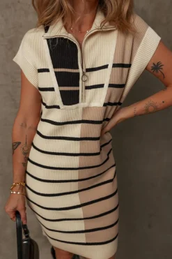 Fashion Dear-Lover Color Block Quarter Zip Collar Short Sleeve Sweater Dress Khaki Stripe